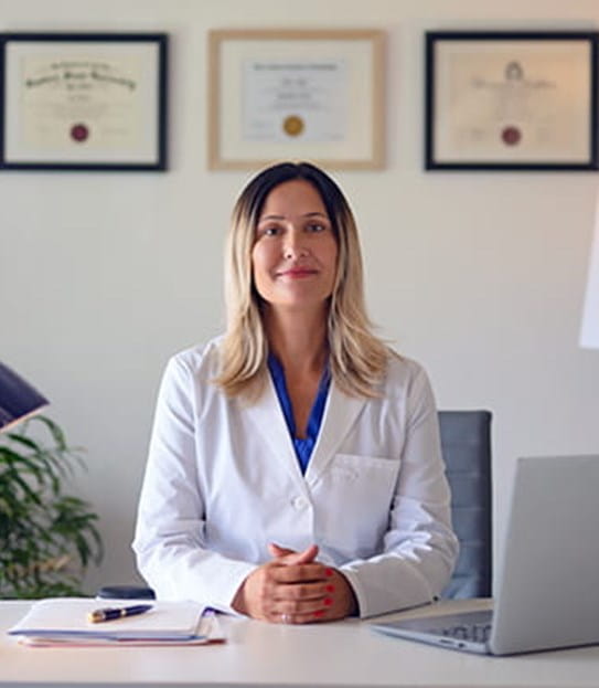 Dr Khademi sits with her hands together at a desk