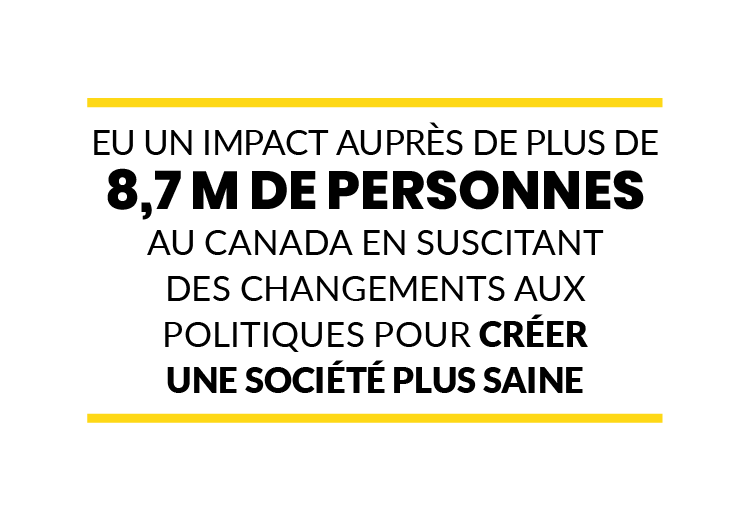 eu un impact auprès de plus de 8,7 M de personnes au Canada en suscitant des changements aux politiques pour créer une société plus saine