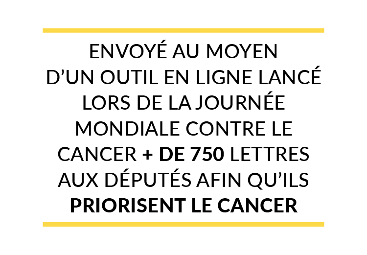 Lancé un outil en ligne lors de la Journée mondiale contre le cancer, qui a permis d'envoyer + de 750 lettres pressant les députés de prioriser le cancer