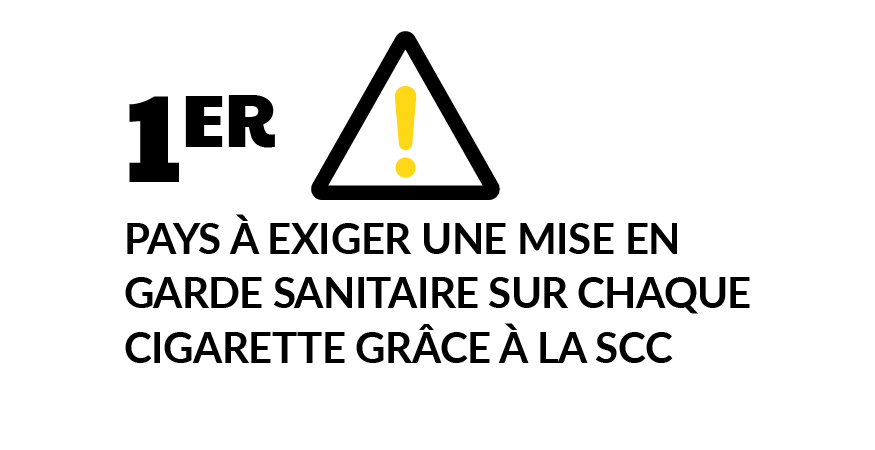 1er pays à exiger l’impression de mises en garde sanitaires sur chaque cigarette grâce à notre travail de défense de l’intérêt public