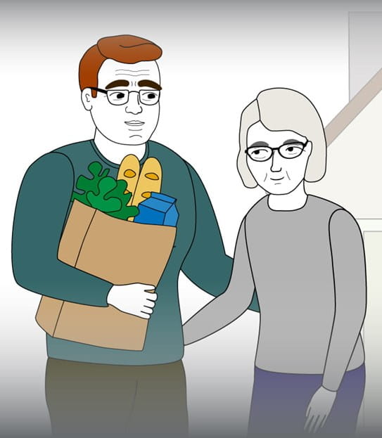 Man holding groceries outside a home stands arm in arm with his mother, who looks tired